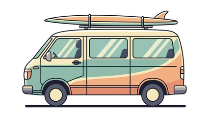 A colorful retro van with a surfboard on the roof for a perfect summer beach trip Vector, illustration