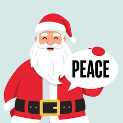 Cartoon illustration of Santa Claus smiling and holding a speech bubble with the word PEACE, on a light blue background.