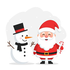 Cute cartoon Santa Claus and snowman standing together in winter.