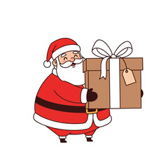 Cartoon Santa Claus smiling and holding a large brown gift box with a white ribbon and tag, ready for Christmas delivery.