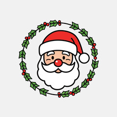 Cartoon illustration of a jolly Santa Claus head with a red hat and white beard, framed by a festive holly wreath with red berries.