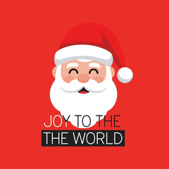 A cheerful cartoon illustration of Santa Claus's face with a red hat and white beard, smiling, on a red background with "JOY TO THE WORLD" text.