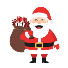 Cheerful cartoon Santa Claus holding a large sack full of Christmas presents.