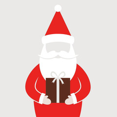 Minimalist flat design illustration of Santa Claus holding a Christmas gift box with a white ribbon.
