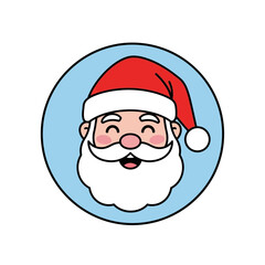 Cartoon illustration of Santa Claus's happy face with a red hat and white beard in a blue circle.