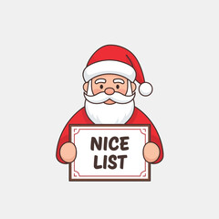 Cartoon illustration of Santa Claus holding a 'NICE LIST' sign, depicting a festive holiday theme.