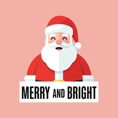 Cartoon illustration of Santa Claus with a happy face holding a 'MERRY and BRIGHT' sign on a pink background, representing Christmas joy and festive spirit.