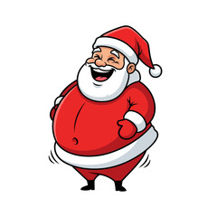 Cartoon illustration of a jolly Santa Claus laughing heartily with his hands on his belly, wearing a classic red suit and hat.