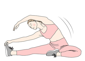 ストレッチ 座って体側を伸ばす女性のイラスト 全身正面 ピンク