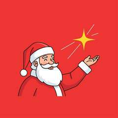 Santa Claus smiling and holding out his hand towards a sparkling yellow star on a red background.