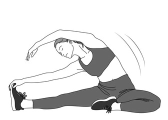 ストレッチ 座って体側を伸ばす女性のイラスト 全身正面 モノクロ