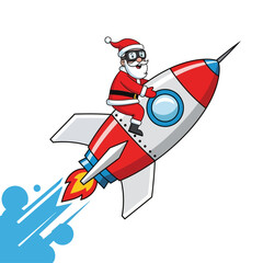 Santa Claus in a superhero mask riding a red and white rocket launching into the sky.