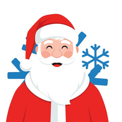 Smiling Santa Claus illustration with white beard and red hat against a background of blue snowflakes.