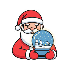 Jolly cartoon Santa Claus with a white beard and red suit holding a festive snow globe featuring a cozy winter village scene with snow-covered trees and a small house.