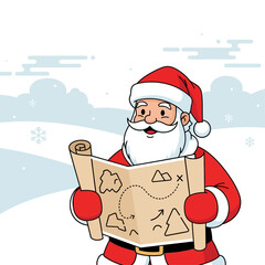 Cartoon illustration of Santa Claus holding a treasure map in a snowy winter landscape, looking for a destination.