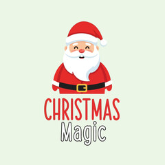 A cartoon illustration of Santa Claus with a red suit and hat, smiling, above the text 