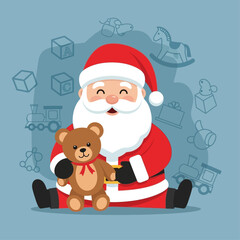 Santa Claus sitting and holding a teddy bear with toy outlines in the background, representing Christmas joy.