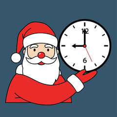 Santa Claus holding a large round clock, indicating the time is nine o'clock.