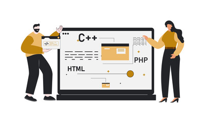 Programmer is explaining coding line, People group discuss code programmer developer.