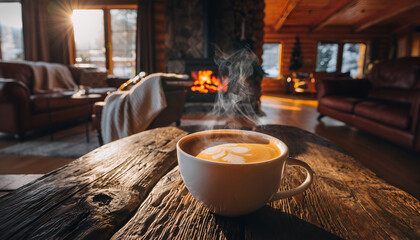 Coffee Cup On Rustic Wooden Table.