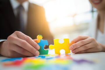 Brightly lit office with natural sunlight, a businessman and woman intently connecting colorful jigsaw puzzle pieces, showcasing teamwork and collaboration