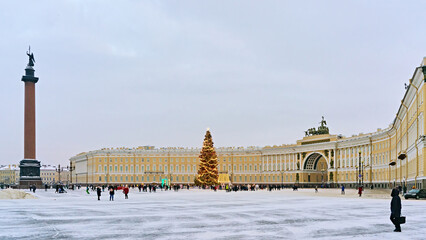 Palace Square in St. Petersburg in Winter with a Decorated Christmas Tree and Alexander Column