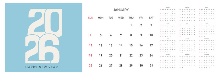 Calendar 2026 week start Sunday corporate design template vector. Cover calendar 2026. Calendar planner 2026 year, schedule month calender, American organizer template. Week starts on Sunday. 