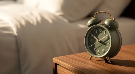 A vintage green clock ticking on a wooden nightstand in a cozy bedroom with warm morning light, representing a peaceful wake-up concept