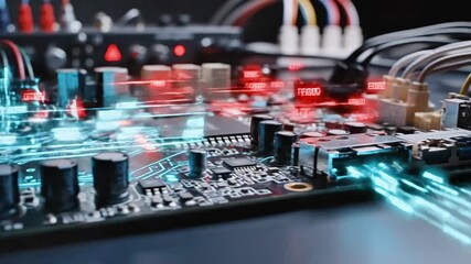 Electronic circuit board with glowing blue and red digital data visualization - Powered by Adobe