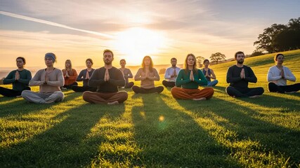 Group of diverse people meditating in a peaceful outdoor setting at sunset