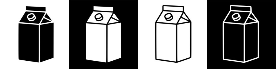 Modern Milk Carton Vector Icons: White Dairy Beverage Packaging Symbols on Black
