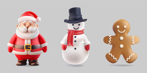 3D Santa Claus character, gingerbread man and snowman in Christmas scarf and hat. Sticker frosty iced smiling cookie, cool toy gift. Winter realistic render Noel grandfather, jolly doll. xmas simple