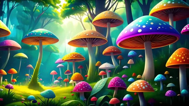 Colorful Mushroom Forest Scene.