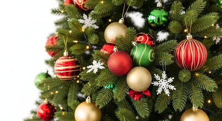 Festive Christmas Tree Branch with Red, Gold, and Green Ornaments and Snowflakes