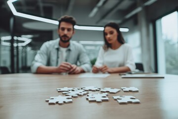 Sleek, minimalist office environment with cool lighting, a closeup of a businessman and woman focused on assembling jigsaw puzzle pieces, highlighting strategic thinking