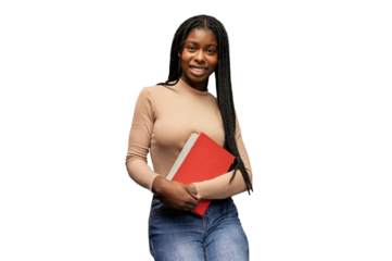 Smiling african american female student holding a red book on a transparent background