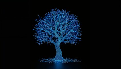 3D render of a neon blue tree with fingerprint texture trunk symbolizing digital identity
