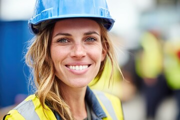 Confident woman engineer at a bustling construction site, wearing a yellow safety vest and blue hardhat, smiling with natural light illuminating her face