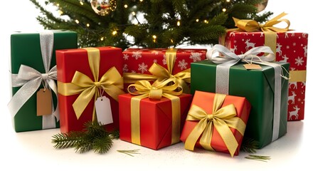 Colorful Christmas Gift Boxes with Ribbons Under Decorated Tree Festive Holiday Scene