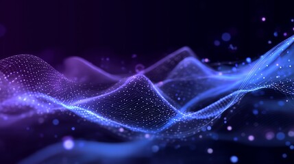 Abstract digital wave pattern with glowing particles in blue and purple hues