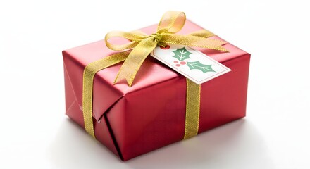 Fototapeta premium Red Christmas Gift Box with Golden Ribbon and Holly Tag