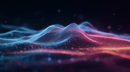 Abstract digital wave pattern with glowing particles and flowing lines in vibrant colors