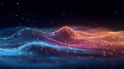 Abstract digital wave pattern with glowing particles and gradient colors in a dark space background