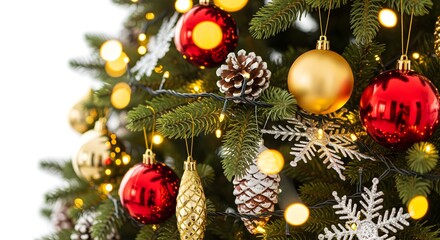 Festive Christmas Tree with Red and Gold Ornaments Glowing Holiday Lights