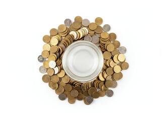 Top-down view of coins surrounding an empty glass jar symbolizing savings and financial potential
