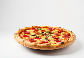 A complete, hot pizza, with melted cheese and vibrant toppings, floating in stark isolation against a pure, empty backdrop, ready for a meal,  pepperoni,  sauce