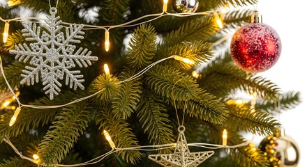 Close-Up Christmas Tree Decorations with Snowflake and Red Ornament Lights