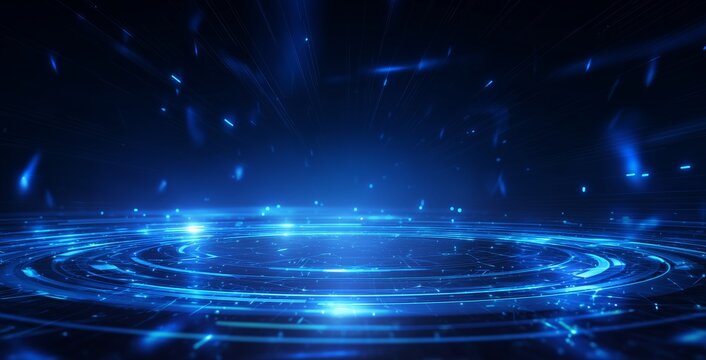 Abstract blue digital landscape with glowing circular patterns and light particles in a dark space - Powered by Adobe