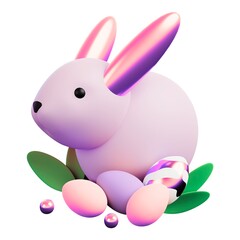 Pastel 3d easter bunny with colorful eggs and fresh green leaves