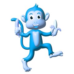Cute blue cartoon monkey happily holding bananas 3d character